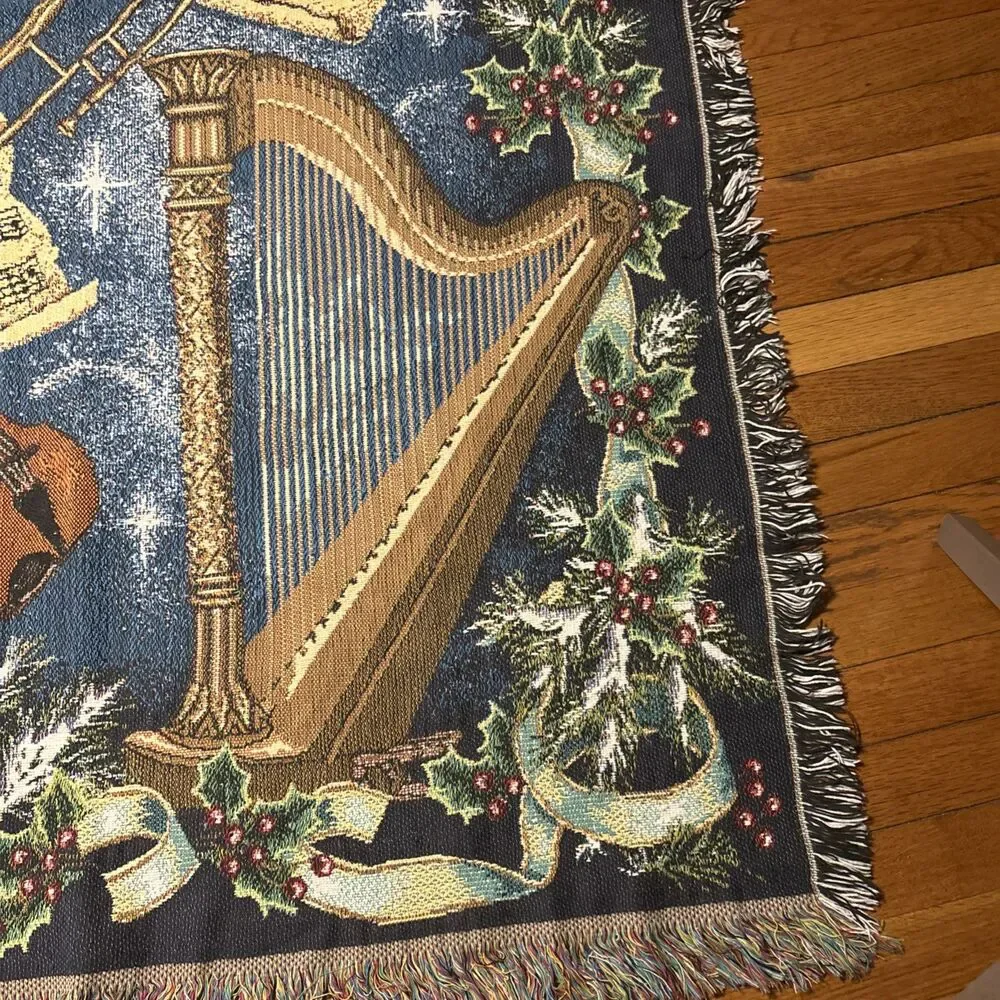 Vintage Crown Crafts VTG 44” X 64” Musical Christmas Needlepoint Fringed Blanket
